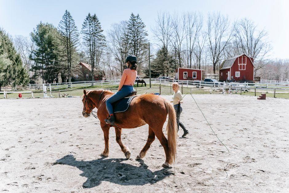 Student on a chestnut horse in an outdoor riding arena with an instructor
