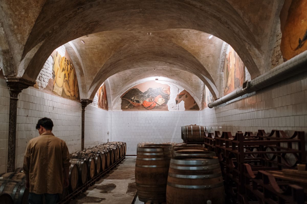 Visitor walking through a vaulted stone cellar lined with barrels