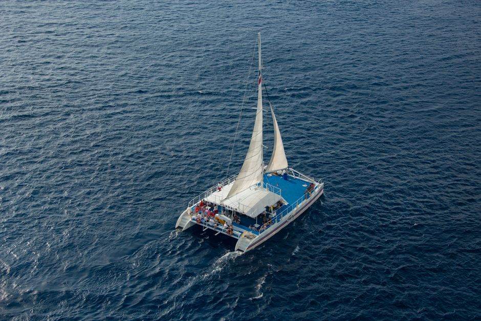 Aerial view of a white catamaran sailing on deep blue water